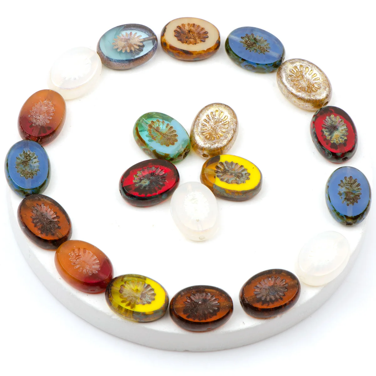 4/9pcs Random Color Oval Sunflower Pattern Glass Beads 10*14mm Loose Beads For Bracelet Jewelry DIY Craft Making