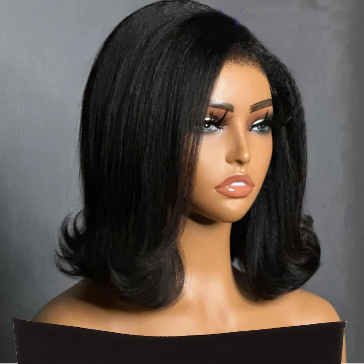 Short Bob Preplucked Soft 14 Inch Natural Black Yaki Kinky Straight Wave Lace Front Wig For Women With Baby Hair Glueless Daily