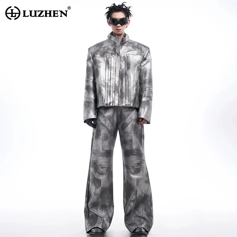 LUZHEN Liquid Design Pleated Leather Jacket Streetwear Elegance Motorcycle Clothing High End Luxury Pants Male 2025 New LZ5925