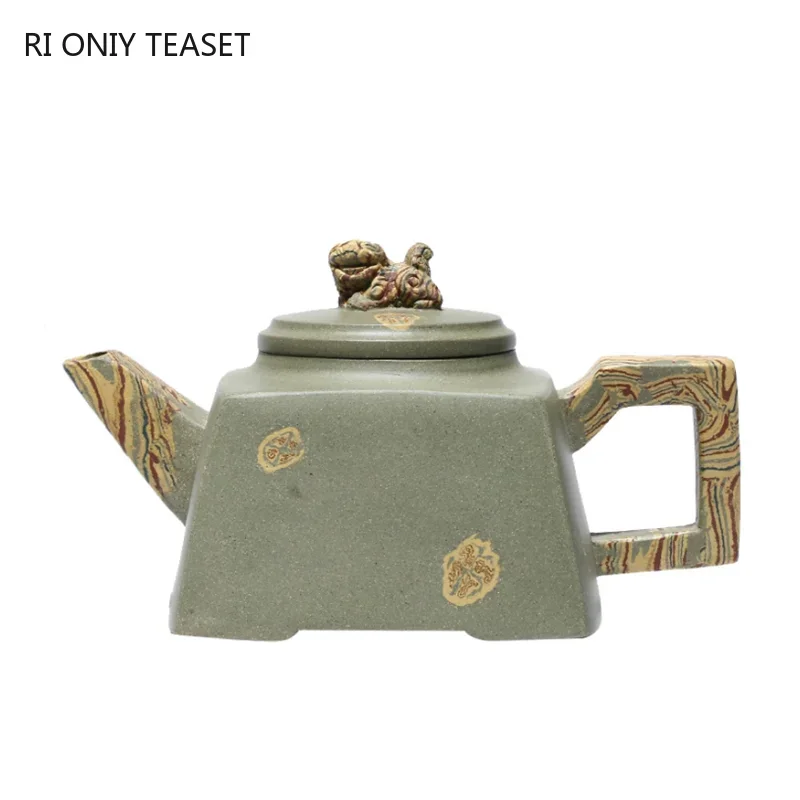 

240ml Chinese Yixing Square Purple Clay Teapots Handmade Raw Ore Green Bean Mud Tea Pot Beauty Kettle Famous Zisha Tea Set