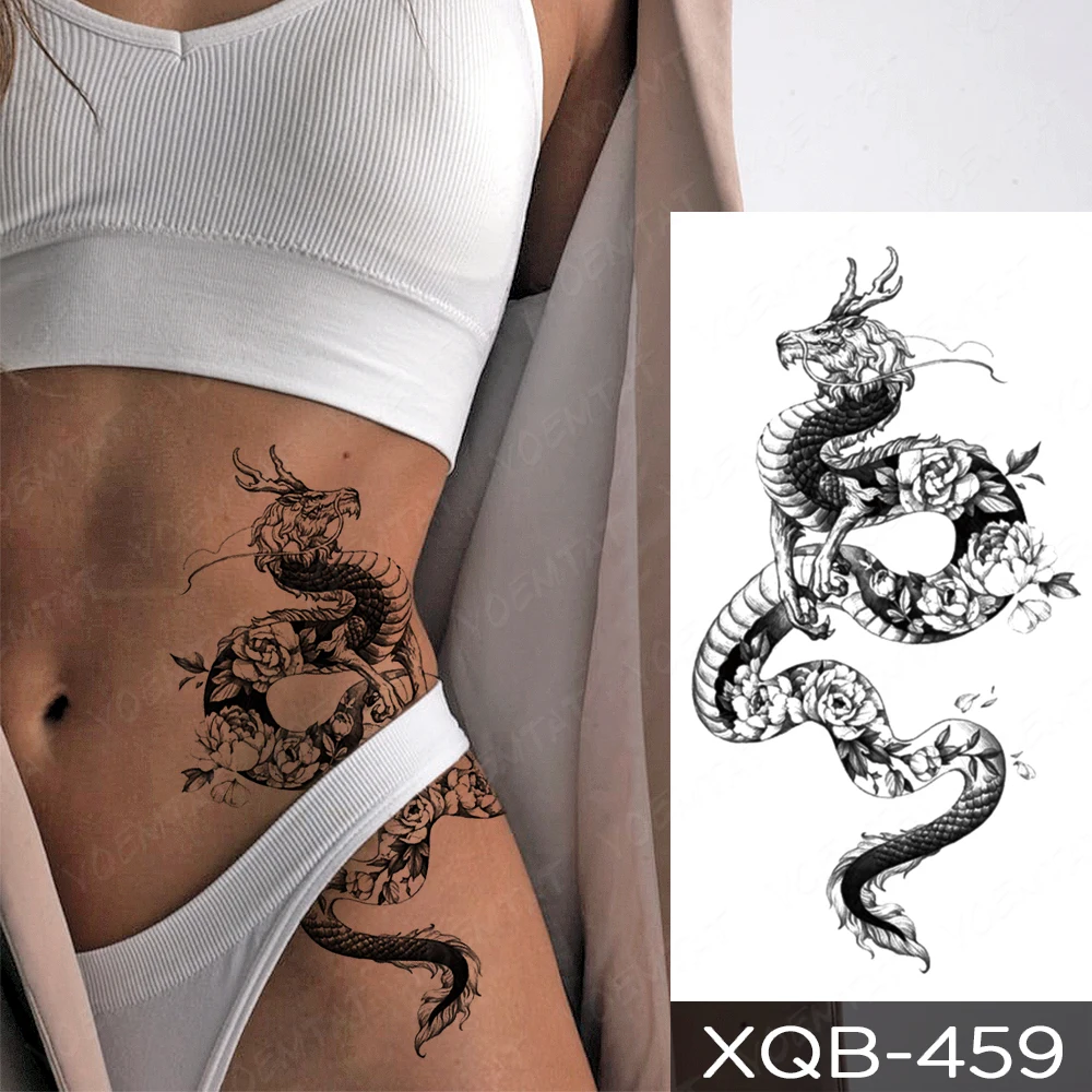 Waterproof Temporary Tattoo Sticker Black Dragon Snake Peony Rose Totem Flash Tatto Women Men Dark Sexy Waist Arm Fake Tattoos