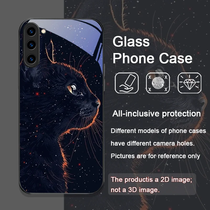 Black Personality Cool Cat Tempered Glass Phone Case for Samsung Galaxy S25 Ultra S24 S23 Plus S22 S21 S20 FE M53 M55 Back Cover - view 2