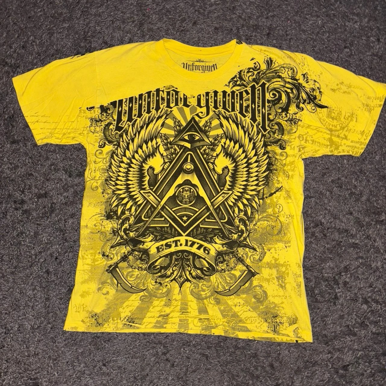 

unforgiven brand vintage Y2K Affliction style t-shirtfire graphics trendy fashion double-sided pattern yellow pure cotton short