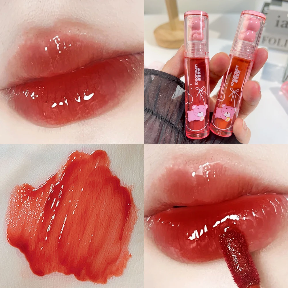 Cute Bear Mirror Lip Glaze Watery Lipgloss Waterproof Lasting Transparent Jelly Liquid Lipstick Womon Beauty Makeup Lip Cosmetic