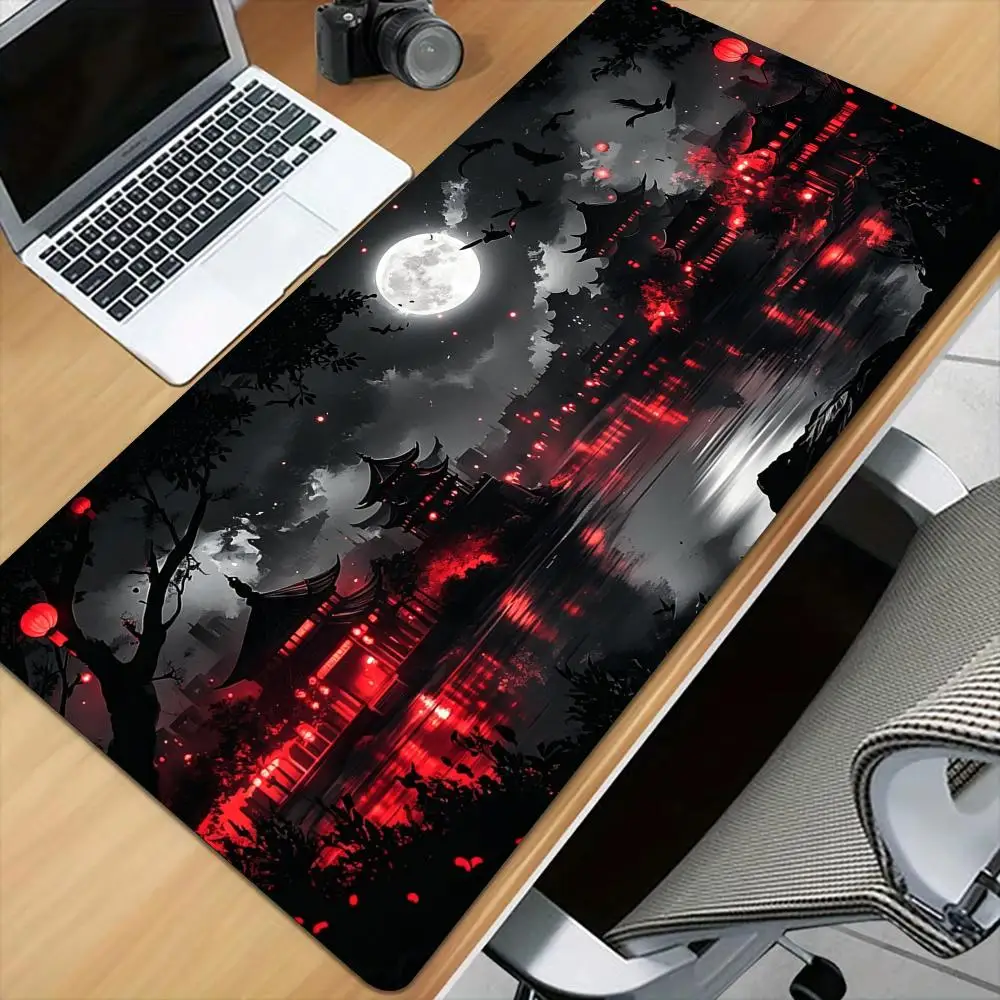 Alfombrilla de ratón con diseño de paisaje de fantasía oscura, con borde cosido, tamaño XXL, base de goma antideslizante, ideal para teclados de jugadores y como alfombra para juegos.