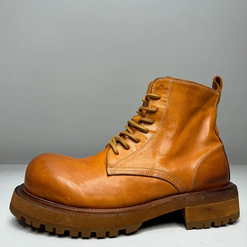 American Retro Washed Casual Desert Motorcycle Ankle Boots Men's Handmade Shoes Round Toe Thick Soled Genuine Leather Boots Male