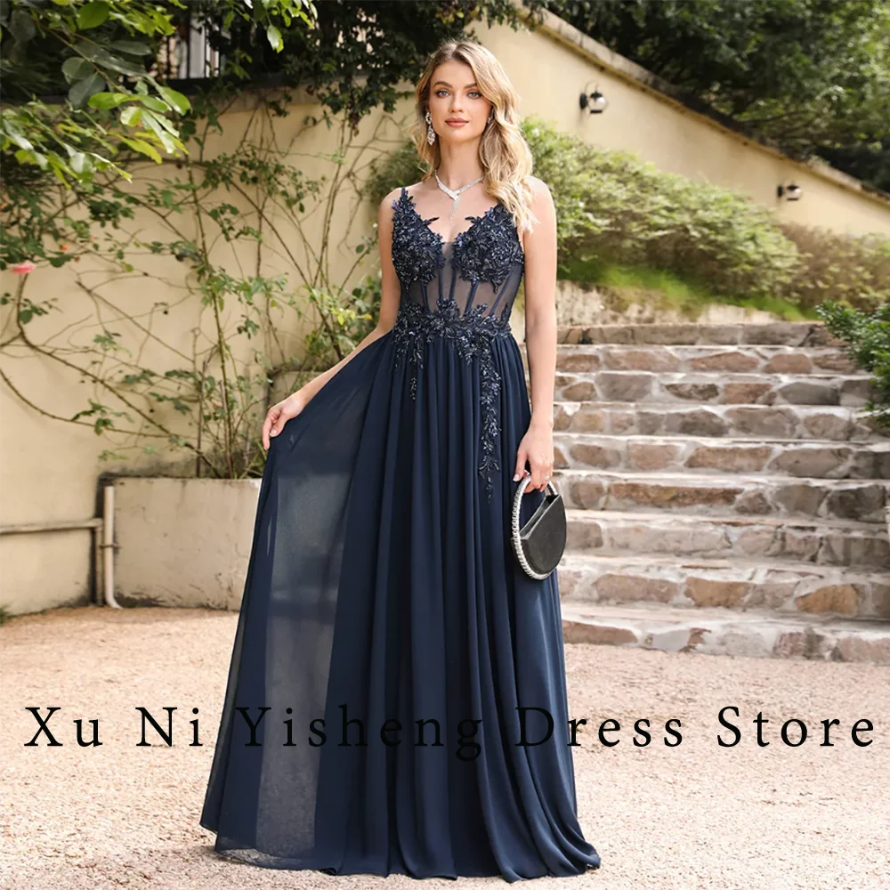 

Dark Blue Simple Modern Prom Dress 2024 Chiffon V-Neck Spaghetti Strap Appliques For Women Formal Evening Dresses Robe De Soirée