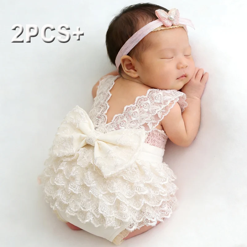 2Pcs Newborn Photography Outfits Big Bowknot Baby Lace Romper with Hairband Blue Suspender Trousers Photo Shooting Overalls