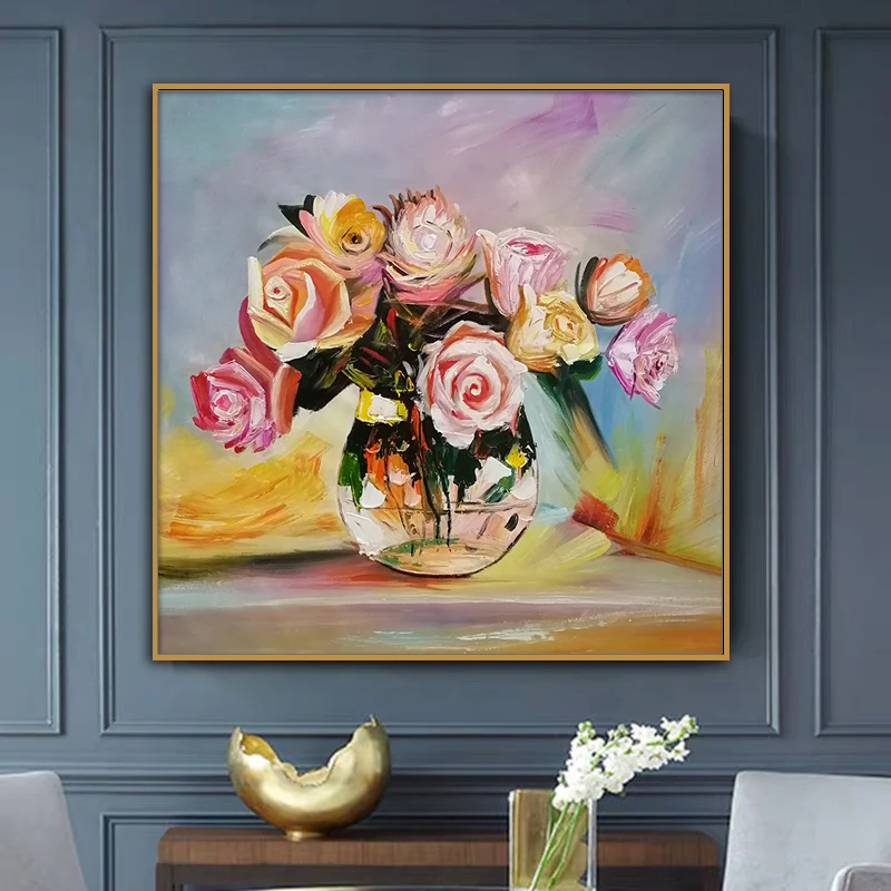 

Mintura,Large Handpainted Artwork Pink Rose Flowers Florals Oil Paintings On Canvas,Wall Arts Picture For Living Room Home Decor