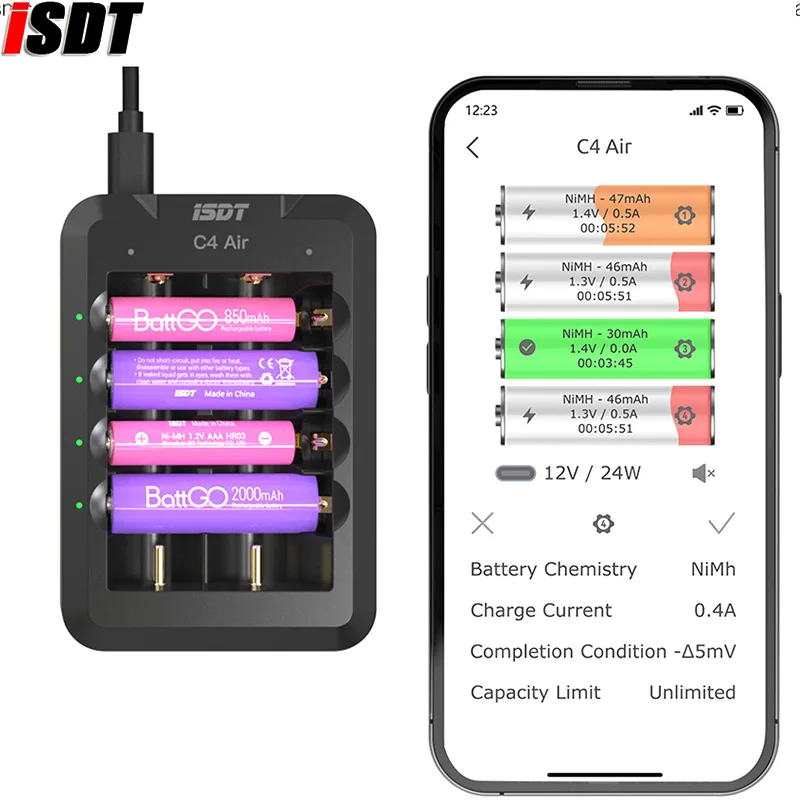 ISDT C4 Air rodzaj USB-C ładowarka 6-Bay 4A bateria uniwersalna inteligentna ładowarka z przyłączem APP do akumulatora AA AAA li-ion