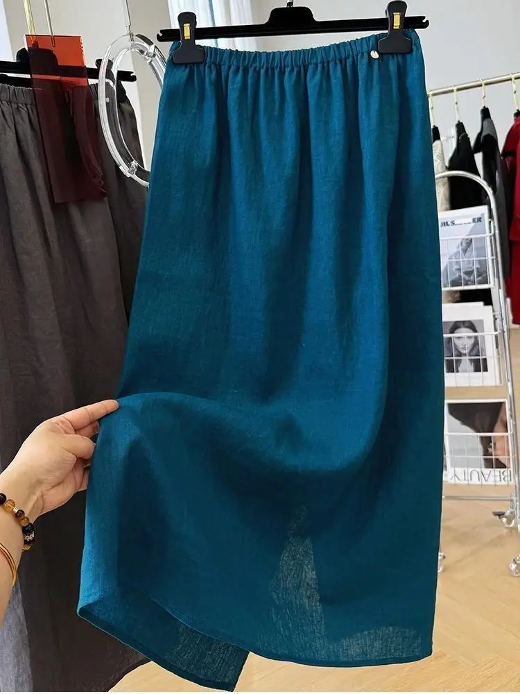 High-end Linen Midi Skirt Women Elastic Waist Split Bodycon Skirt Lightweight Slimming Knee Length Summer Skirt
