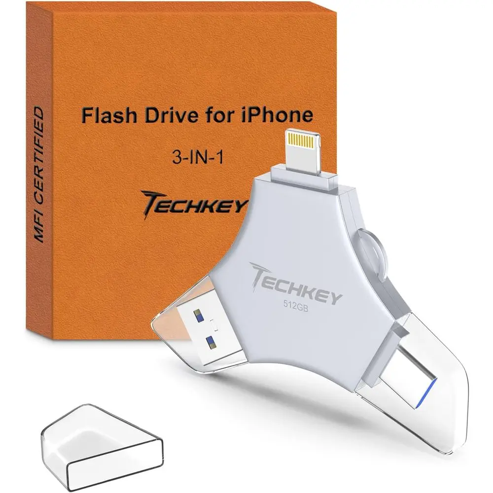 High-Speed 512GB USB 3.0 Flash Drive - 3-in-1 External Storage for Photos, Videos, Data Backup