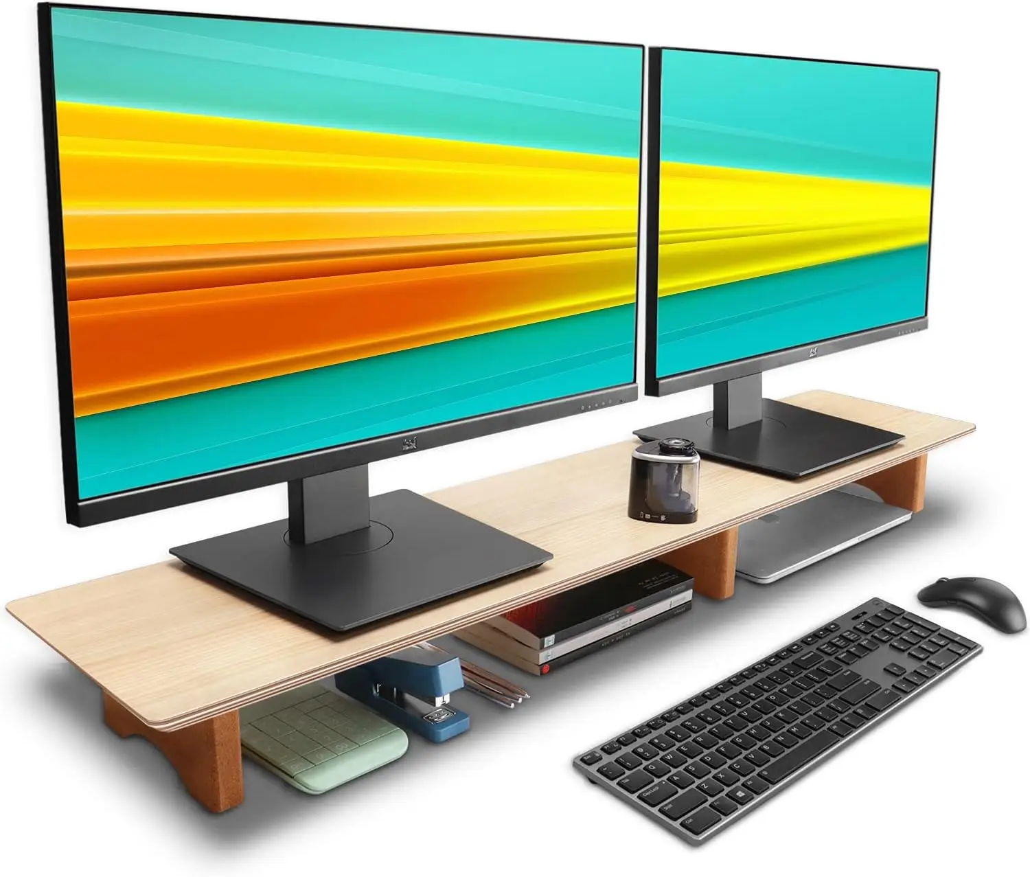 

43 Inch Dual Monitor Stand Riser, Solid Wood Desk Shelf with Cork Legs for Computer, Laptop, Printer, Under Desk Storage Organizer