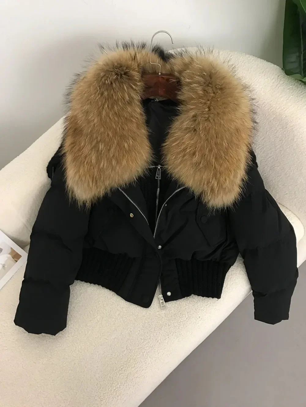 2024 Natural Real Raccoon Fur Collar Winter Women White Duck Down Short Jacket Female Thick Warm Coat Luxury Outerwear