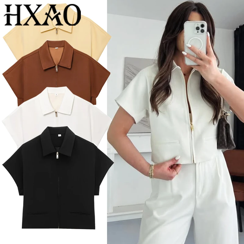 

HXAO Women's Jackets New Outerwears Zip Up Solid Coats Cropped Jacket Short Sleeve Casual Black Jacket Woman Bomber Jackets