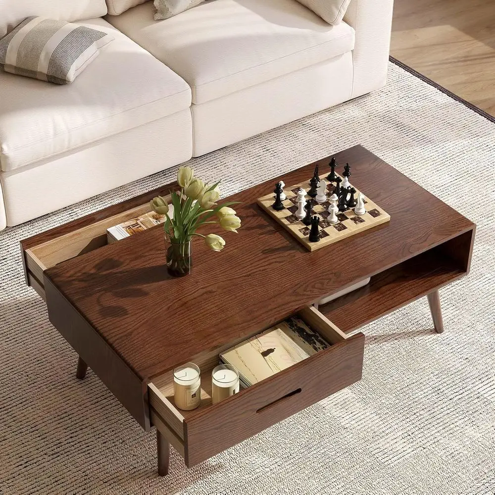 Solid Oak Coffee Table with Storage Shelf and Drawers, Modern Living Room Furniture, Oak Walnut Color, 39.37 Wide