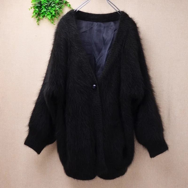 

265 Women Autumn Winter Thick Warm Hairy Mink Fur Angora Rabbit Hair Long Batwing Sleeves V-Neck Loose Caridgans Jacket Pull