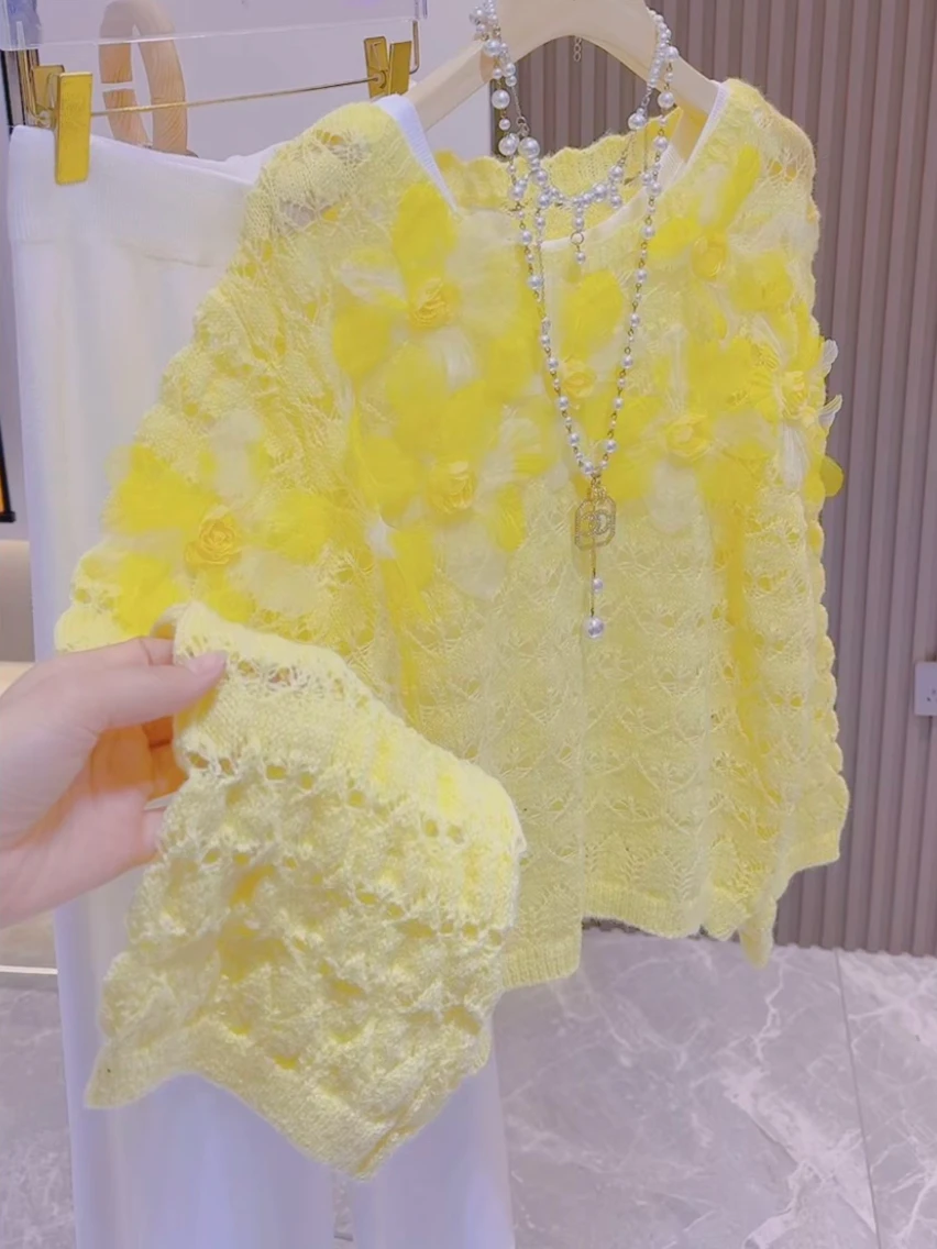 

Женский вязаный свитер с желтыми цветами, ажурный, мягкий, уютный, дышащий, свободного кроя, с круглым вырезом, укороченный, для весны и осени
