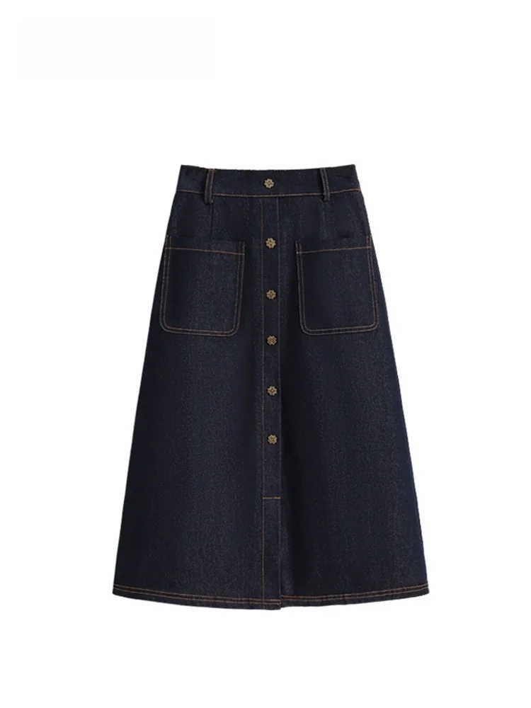 

Джинсовая юбка-миди с высокой талией для женщин больших размеров, ранняя осень, новая утягивающая юбка трапециевидной формы, повседневная смесь хлопка и полиэстера