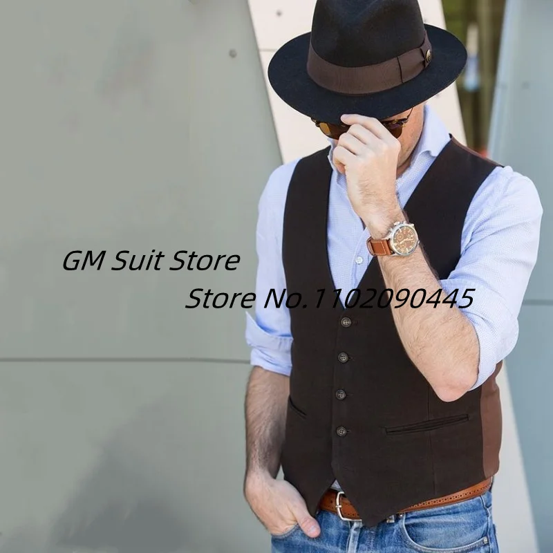 Men's Vest Fashion Splicing Solid Color V -neck Single Buckle Slim Sleeveless Pocket Five Buckle Suitable For Business Jacket