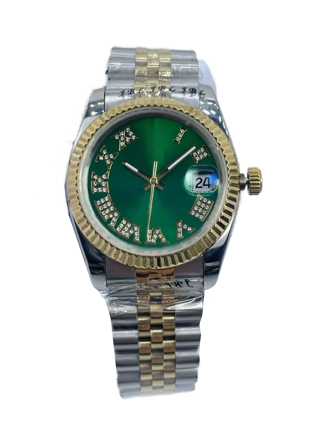 Women\'s 36mm Diamond Waterproof Watch with Calendar Window and Steel Bracelet