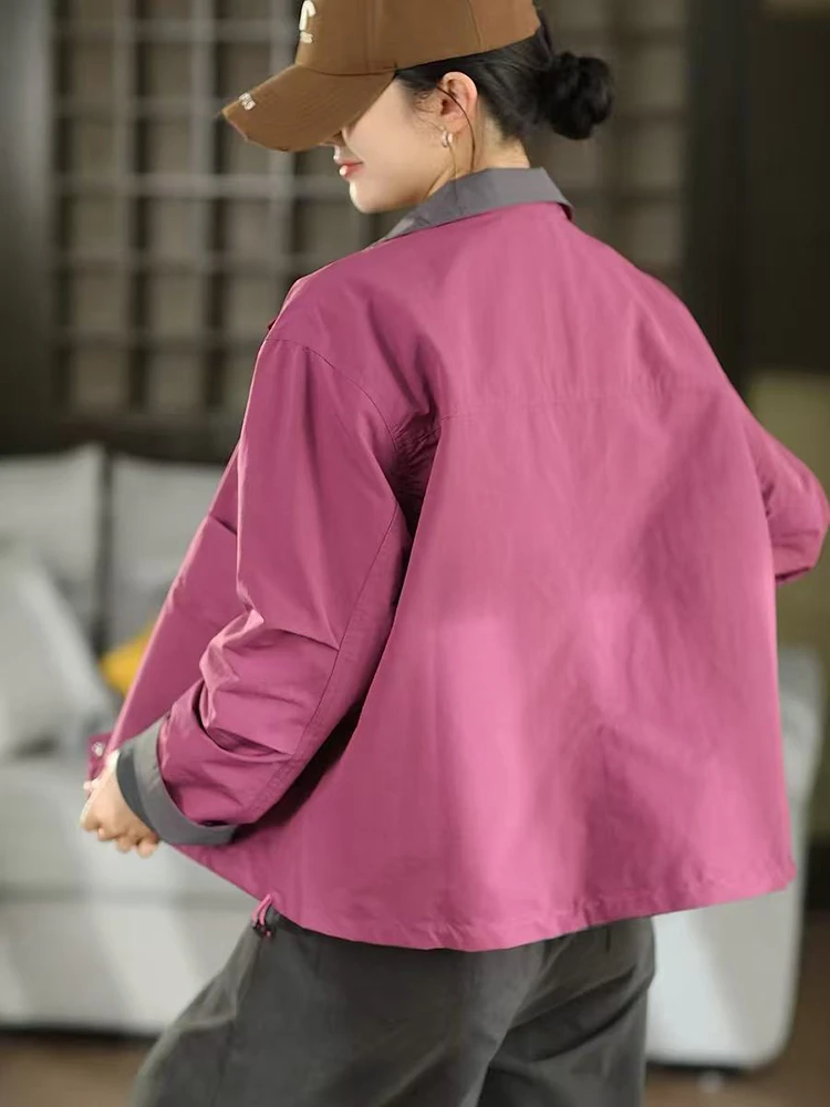 Women Stand Collar Jacket Reversible Double Sided Wear Long Sleeve Snap Button Loose Casual Outerwear Spring Autumn Coats M2977
