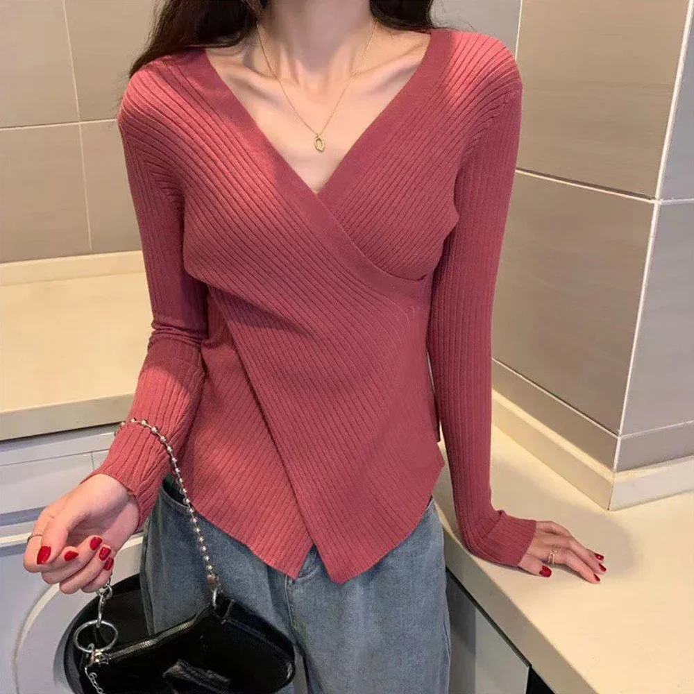 Girl Spring Autumn Criss-cross V-neck Sweater Shirt Women 10 Colors Knitted Pullovers T Shirt Long Sleeve Sweater A RAN A YUE