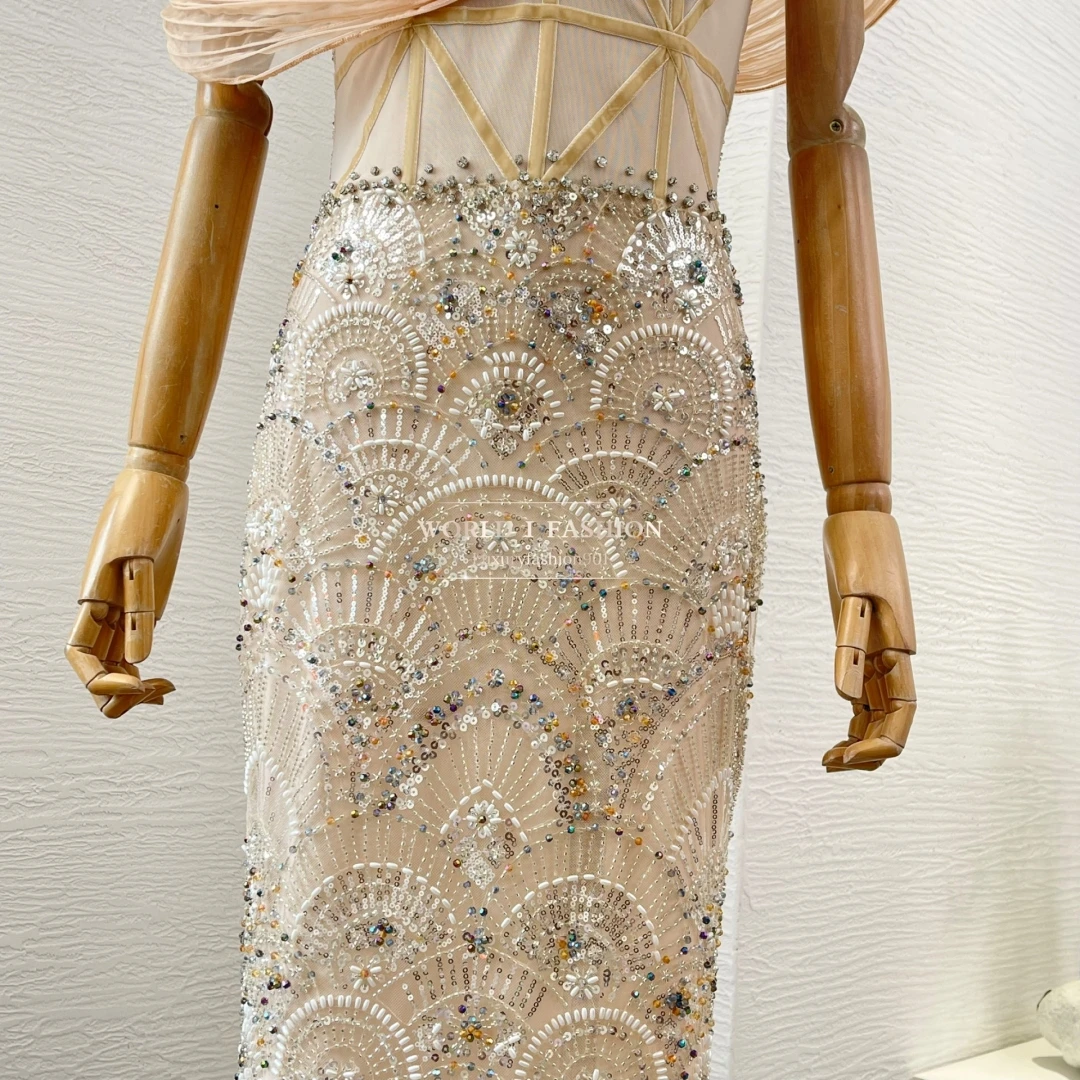 

2025 New Beautiful Beige Sleeveless Diamonds Sequin Mermaid Fishtail Maxi Dress