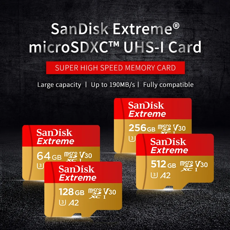 SanDisk Extreme microSDXC UHS-I CARD V30 A2 U3 بطاقة الذاكرة تصل إلى 190 ميجا بايت/ثانية بطاقة Microsd TF الأصلية للهواتف بدون طيار 64G 128G 256G