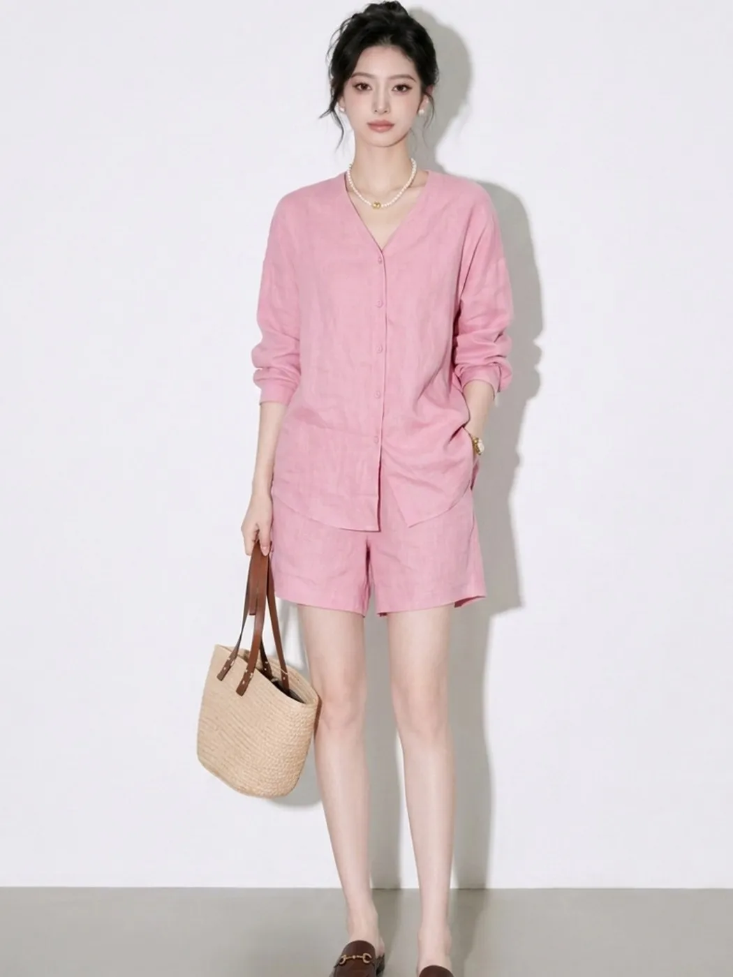 Conjunto de Camisa y Pantalones Cortos de Lino Rosa de Alta Gama para Mujer, Estilo Coreano, Holgado, Informal y Deportivo, d...