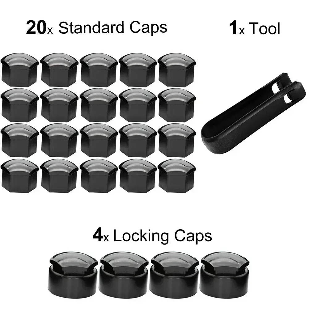 

20pcs 17mm Standard Cap + 4pcs 23mm Locking Cap + 1x Removal Tool Black Plastic Wheel Nut Cap 16mmx17mm &17mmx23mm Nuts & Bolts