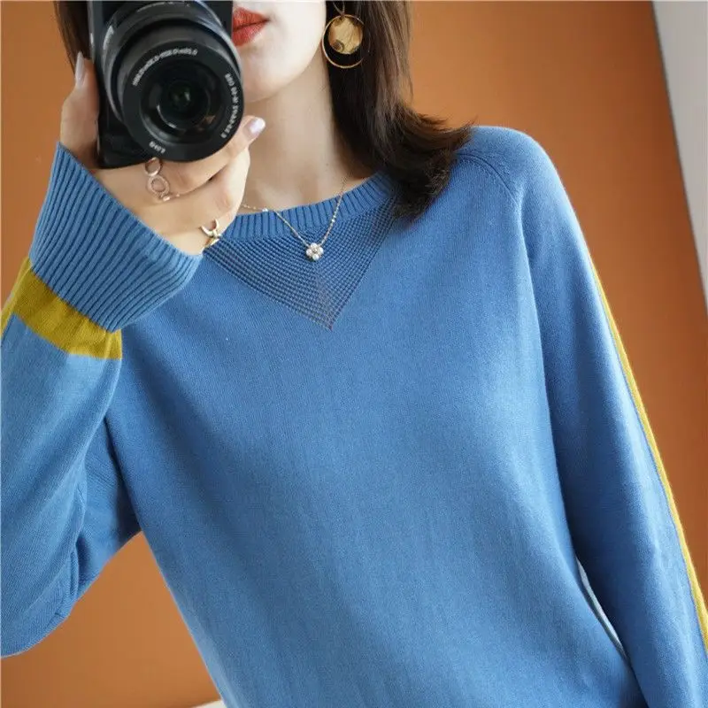 Fashion O-Neck Knitted Spliced Loose Hollow Out Sweaters Women Clothing 2023 Autumn New Casual Pullovers All-match Commute Tops