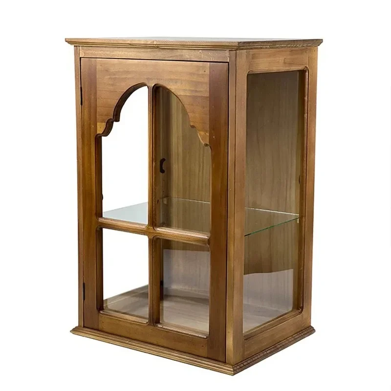 

Glass display cabinet, American retro doll figure solid wood tea set, medieval desktop antique storage