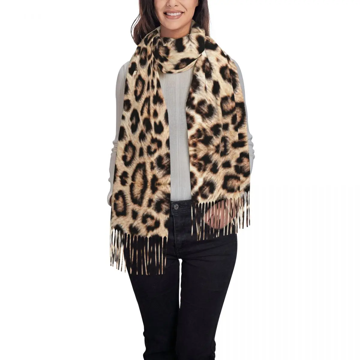 Custom Leopard Print Tassel Scarf Women Winter Warm Shawls Wraps Female Animal Skin Scarves