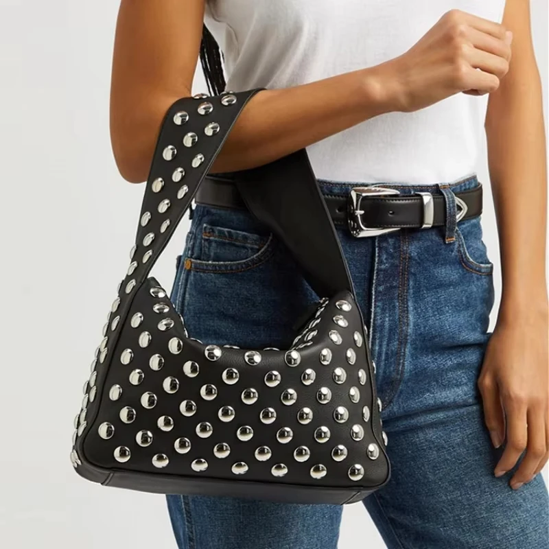 Vintage Rivet Women Handbag,Streetwear Motorcycle Style Purse Metal Stud Shoulder Bag,Punk Heavy Industrial Armpit Tote Bag