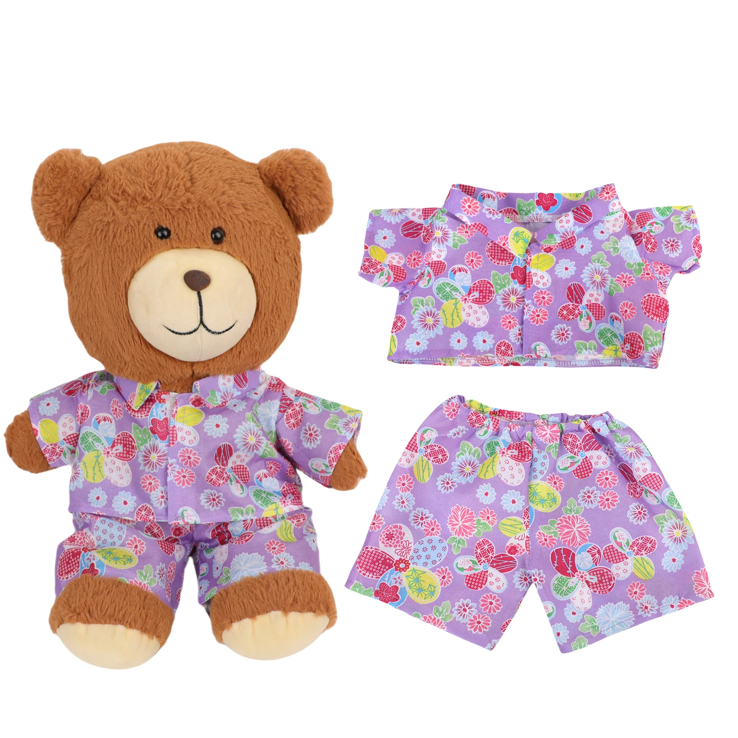 42cm Plush Bear Clothes Cartoon Print Shirt & Shorts Set, Casual Summer Outfit for 16-18 Inch Teddy Bear & Plush Dolls Toy Gift