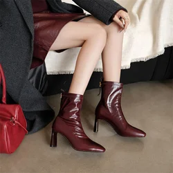 Burgundy Genuine Leather Square Toe Chunky Heels Solid Pleated Boots Retro Botas Sewing  Runway Cozy Fashion Modern Shoes Zipper