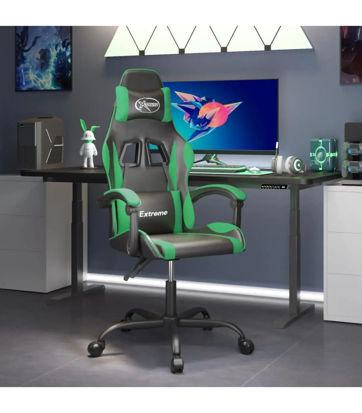 Gaming armchairs black and green synthetic leather swivel gaming chair