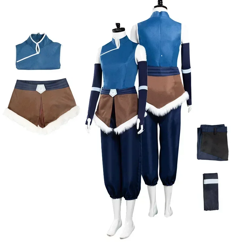 Avatar: The Legend Season 4 Korra Cosplay Women Costume Top Pants Set Outfits Blue Vest Girls Full Cloth Halloween Carnival Suit