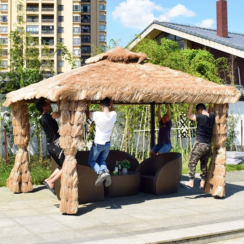 Gazebo-patio al aire libre, montaje de estante de uva de granja, techo, terraza, jardín, diseño de villa, pabellón de paja simple