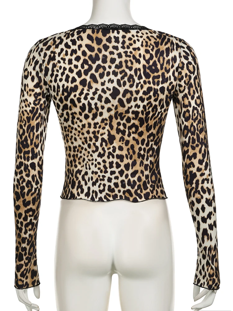 Imagem -06 - Iamsure-camiseta Feminina Sexy Leopardo com Renda com Bandagem Dividida Fina Decote em v Profundo Camiseta de Manga Comprida Moda Feminina Outono Primavera 2023