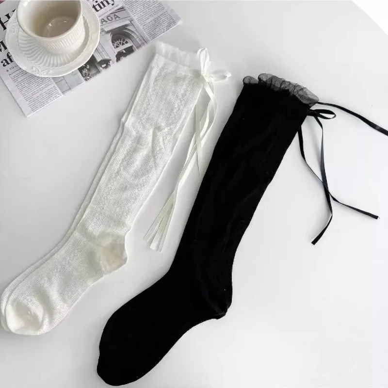 Japanese bow streamer white calf socks sweet ballet stacking socks hollow lace tube socks