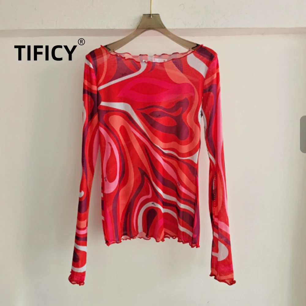 High Street Tees Vortex Bedrucktes Langarm-Sonnenschutz-T-Shirt für Damen, durchsichtiges, schmal geschnittenes und schlankmachendes Basis-T-Shirt