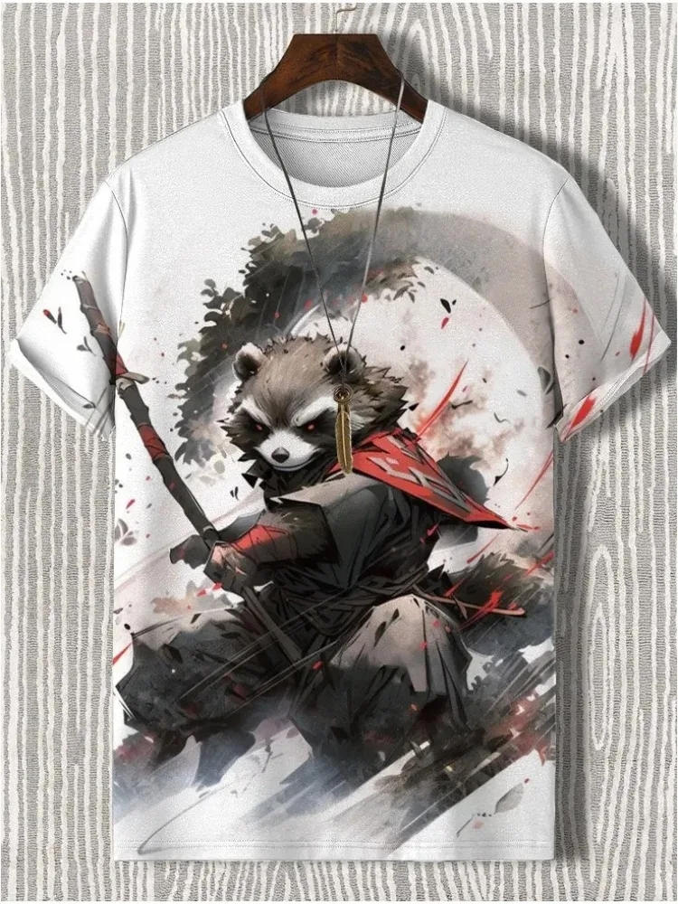 Men\'s T-Shirt Japanese Style Samurai Cat Graphic 3D Printed T-Shirt Casual Short Sleeved Tee Outdoor Oversized Men Clothing Tops