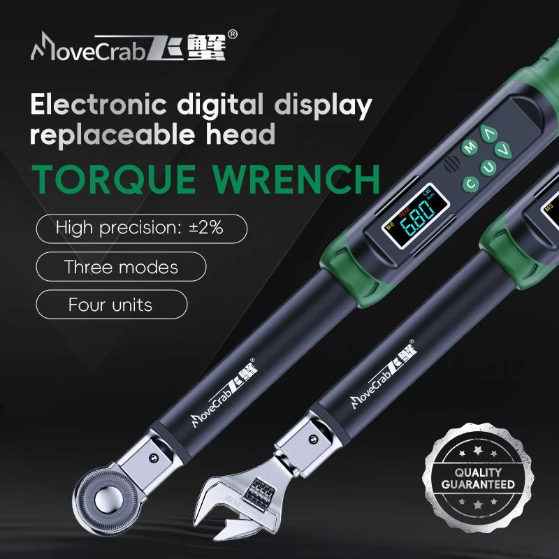 Digital Torque Wrench with Interchangeable Heads Precision Adjustable 5-99.6ft.lb(6.8-135Nm) Ratchet & Open-End Heads Profession