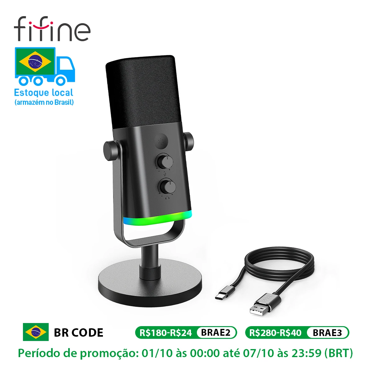 Fifine microfone dinâmico usb/xlr com controle rgb/jack de fone de ouvido/mudo, microfone para gravação de jogos de pc streaming AmpliGame-AM8
