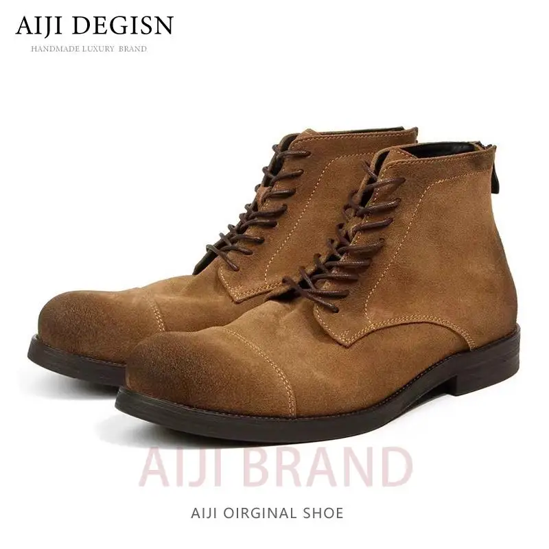 

Men's Handmade High Top Genuine Leather Back Zipper Work Casual Derby Motorcycle Desert Boots Male Vintage Western Ankle Boots