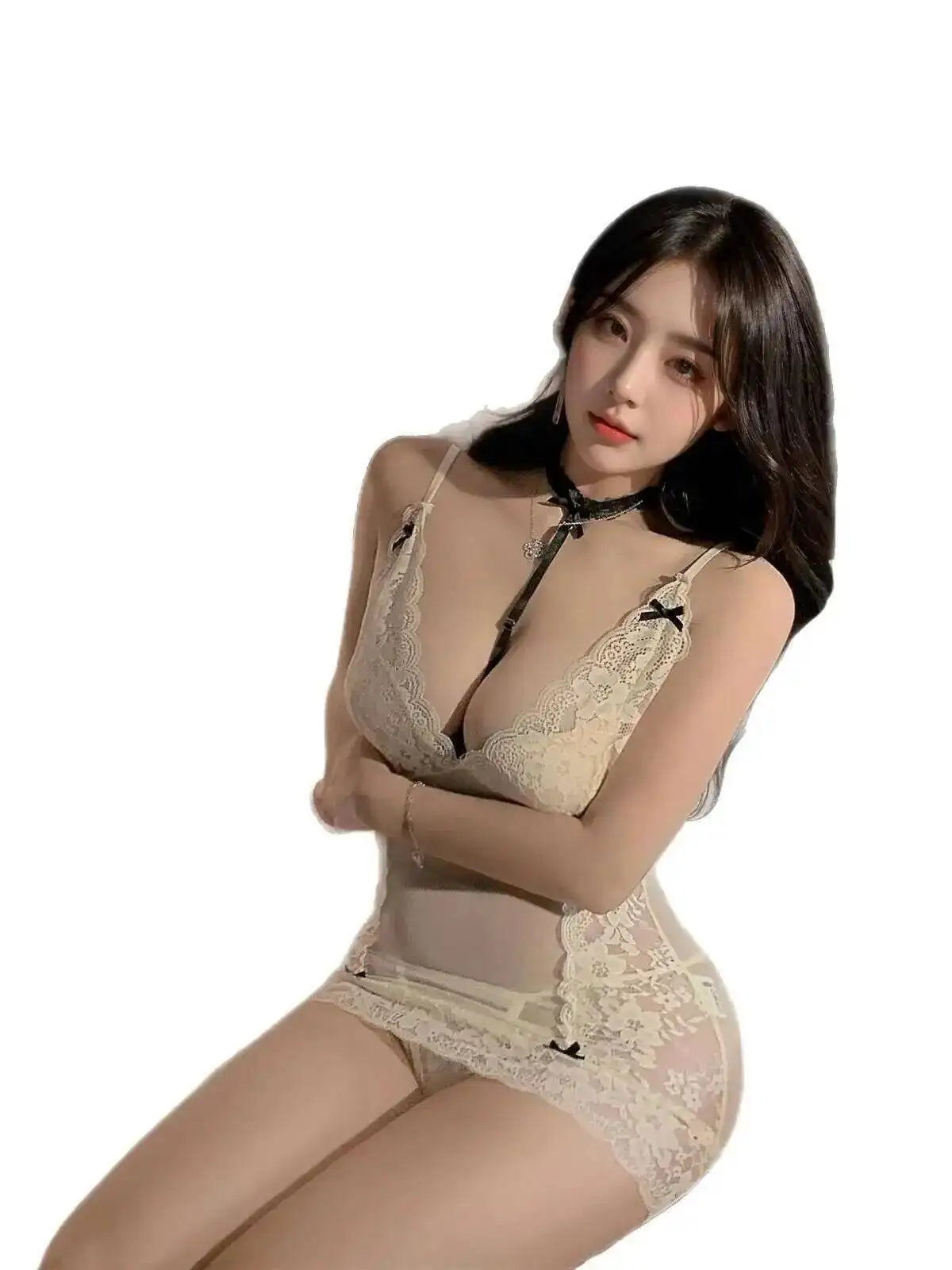 Camisola Sexy de encaje de malla transparente estilo puro deseo para mujer, camisón con escote en V profundo y espalda descubierta, vestido elegante 2025, nuevo dulce J3OF