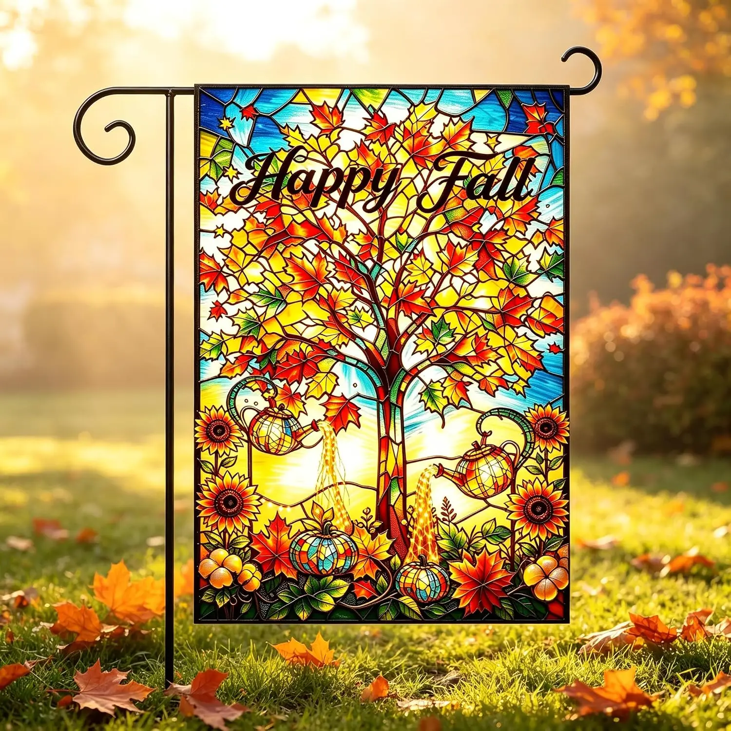 Happy Fall Garden Flag Stained Glass Watering Cans Flags 12x18 Inch Double Sided,Sunflower & Pumpkin Yard Flag with Magi jaa