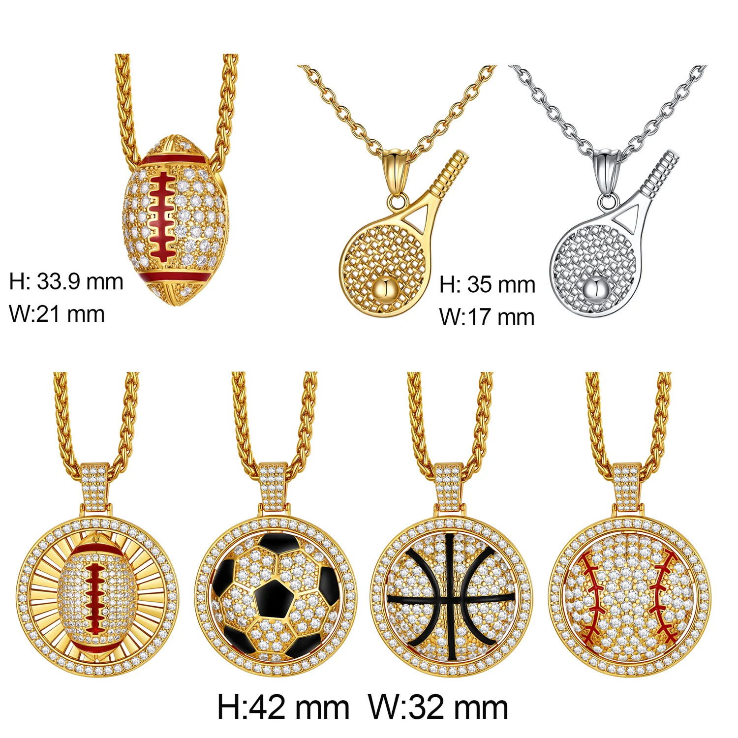 U7 Sport Necklaces for Man Woman CZ Rubby Soccer Basketball Baseball Tennis Racket Ball Pendant Jewelry Gift for Sports Lover